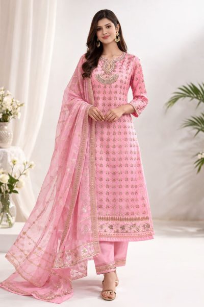 baby pink georgette 3 piece dress heavy embroidered party wear